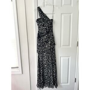 Pinko One Shoulder Grey Leopard Print Open Slit Semi Sheer Long Gown Jewel Waist
